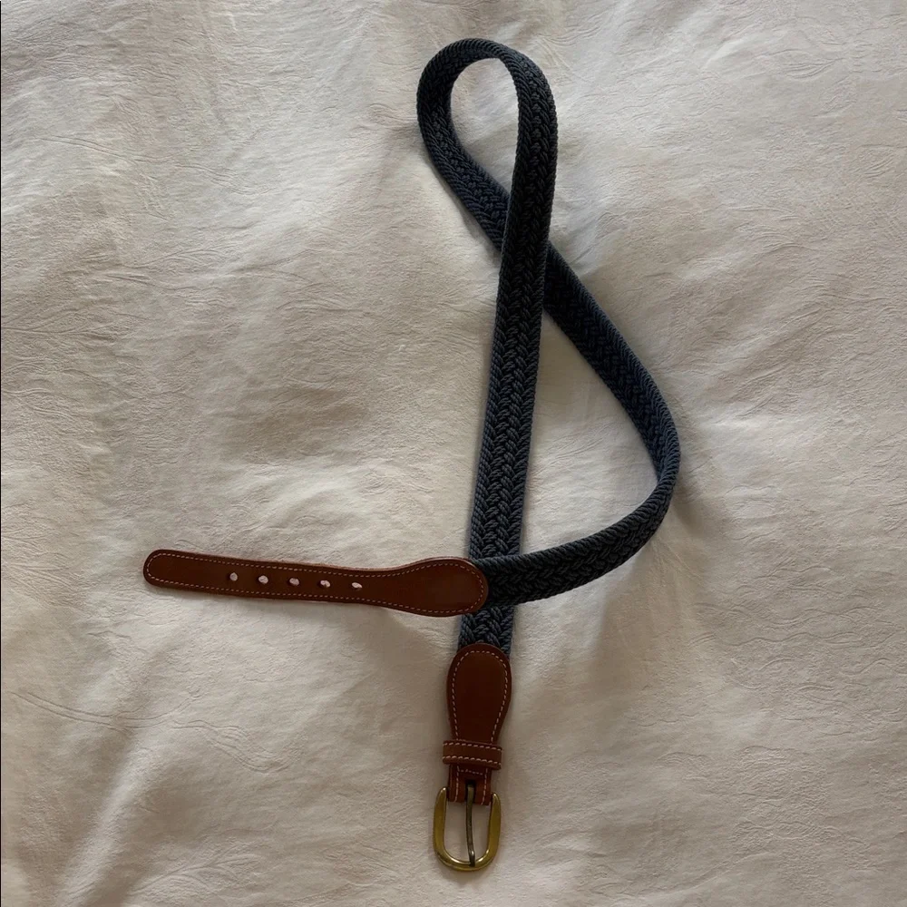 Brooks Brothers Solid Brass Belt Braided Navy Knit Brown Leather Trim 42
